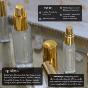Glass bottles of Luxe Lemurian Myst sit on a tray with information about the product in text on the image.