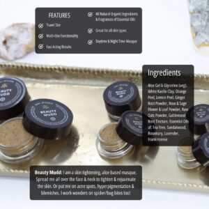 A gold tray holds multiple jars of Beauty Mudd and a few stones and crystals with product info in text on the image.
