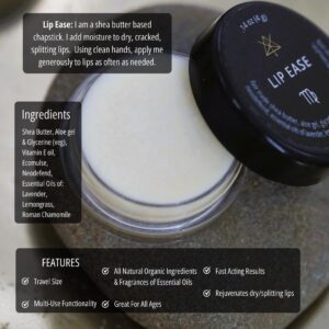An open jar of Lip Ease with product info in text on the image.