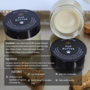 Jars of Pup Butter sit on a tray with various info about the product on the image.