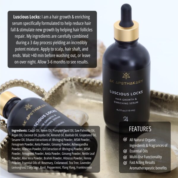 Two eyedropper bottles of Luscious Locks hair growth and enriching serum sit on a gold tray with product info on the image.