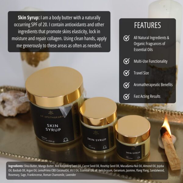Skin Syrup body butter in three different sized jars with various info about the product on the image.