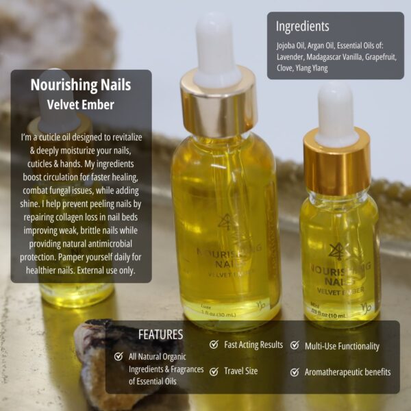 Velvet Ember Nourishing Nails in three different sized glass droppers with various info about the product on the image.