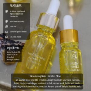 Golden Glow Nourishing Nails in two different sized glass droppers with various info about the product on the image.
