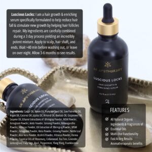 Two eyedropper bottles of Luscious Locks hair growth and enriching serum sit on a gold tray with product info on the image.