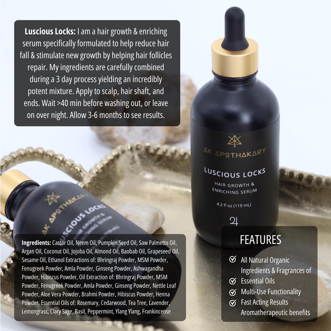 Two eyedropper bottles of Luscious Locks hair growth and enriching serum sit on a gold tray with product info on the image.