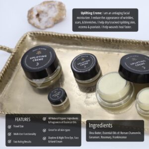 Multiple containers of Uplifting Creme on a gold tray with product info in text on the image.