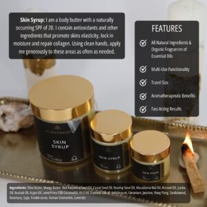 Three sizes of Skin Syrup sits on a gold tray with product info in text on the image.